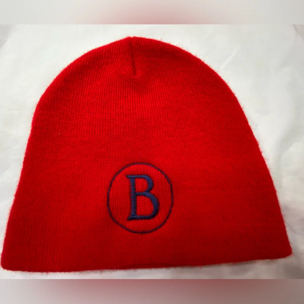 Red Knit Beanie with Blue 'B' Embroidery